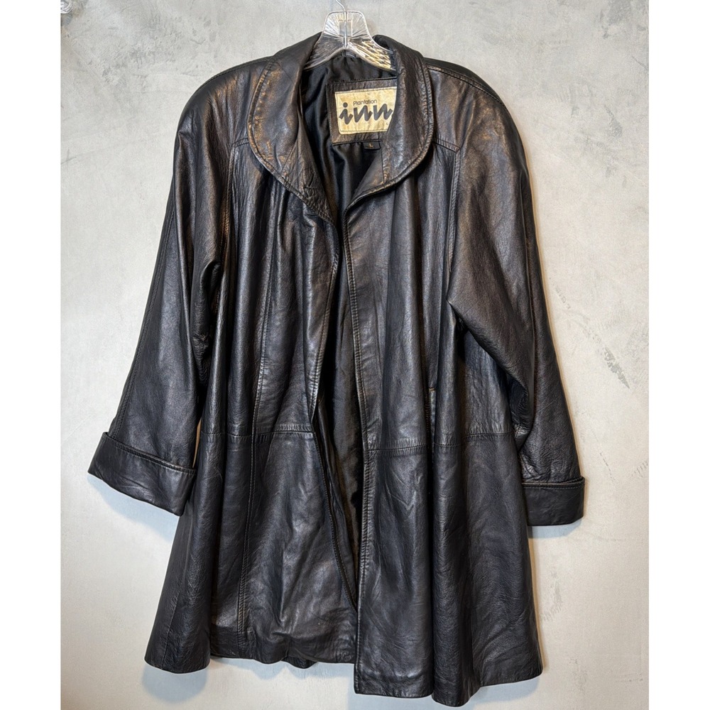 Plantation Inn Paskin Womens L Black Real Leather Long Coat Jacket Soft